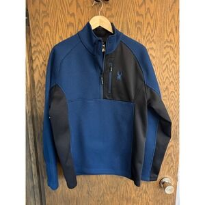 Spyder Mens Blue Black Waffle Knit Quarter Zip Fleece Pullover Jacket Large